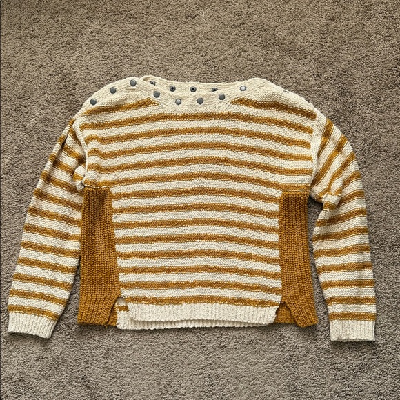 Moth by Anthropologie Mustard Yellow Cream Striped Button Boat Neck Sweater - Picture 1 of 8